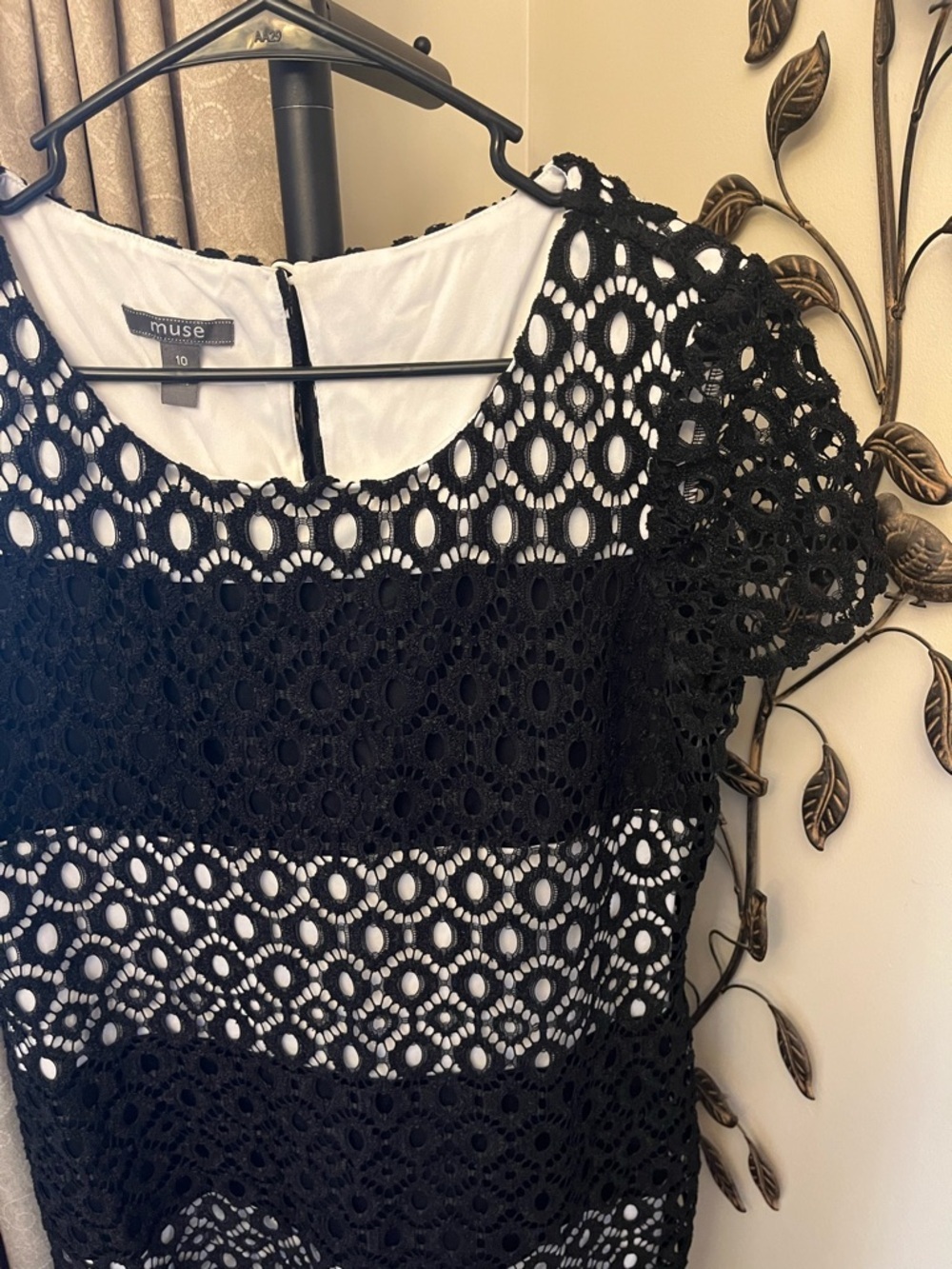 Muse Black Crochet Lace Short Sleeve Midi Dress